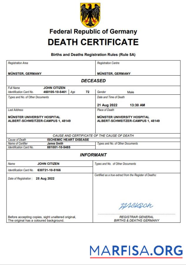 Printable Germany death certificate Word and PDF template